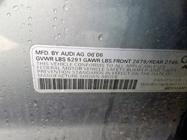 WAUDH74F47N010171 - 2007 AUDI A6 3.2 QUA SILVER photo 10