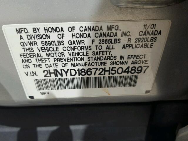 2HNYD18672H504897 - 2002 ACURA MDX TOURIN SILVER photo 10