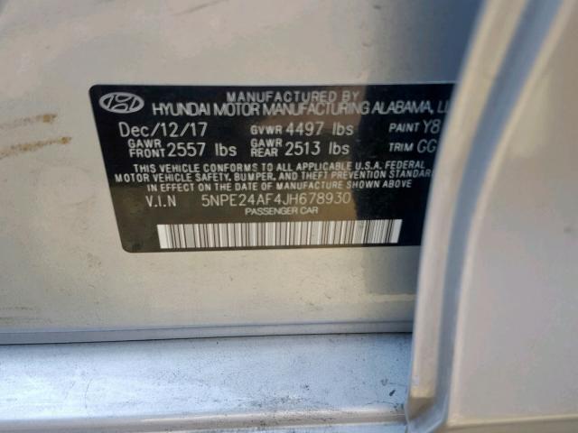 5NPE24AF4JH678930 - 2018 HYUNDAI SONATA SE SILVER photo 10