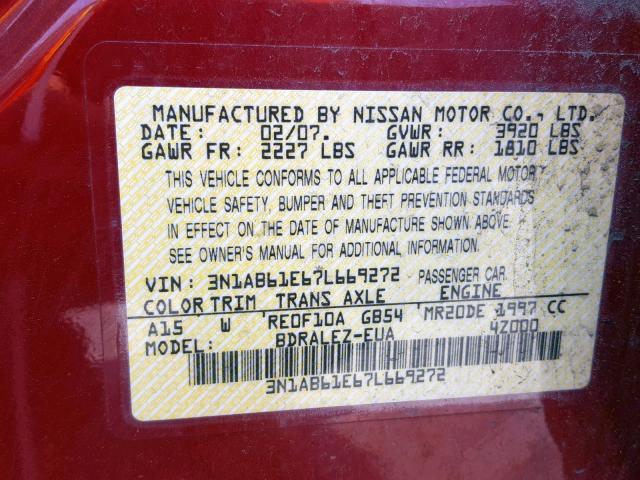 3N1AB61E67L669272 - 2007 NISSAN SENTRA 2.0 RED photo 10