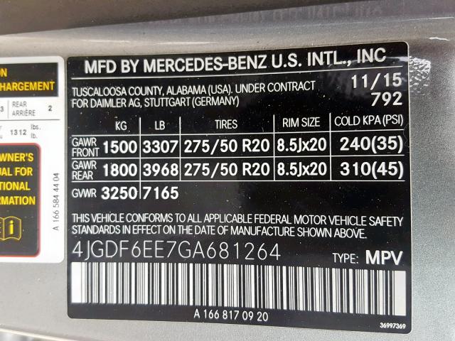 4JGDF6EE7GA681264 - 2016 MERCEDES-BENZ GL 450 4MA GRAY photo 10