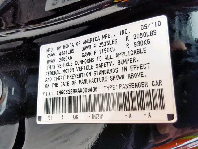 1HGCS2B8XAA009436 - 2010 HONDA ACCORD EXL BLACK photo 10