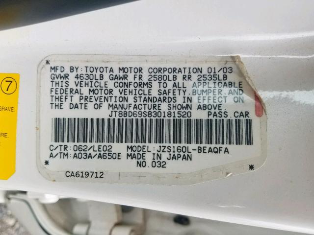 JT8BD69S830181520 - 2003 LEXUS GS 300 WHITE photo 10