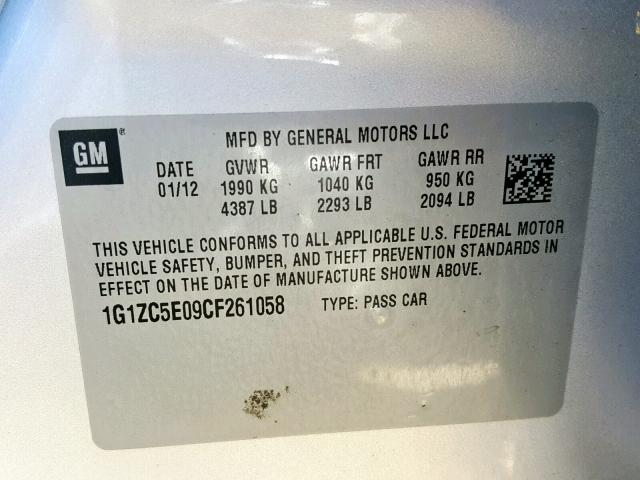 1G1ZC5E09CF261058 - 2012 CHEVROLET MALIBU 1LT SILVER photo 10