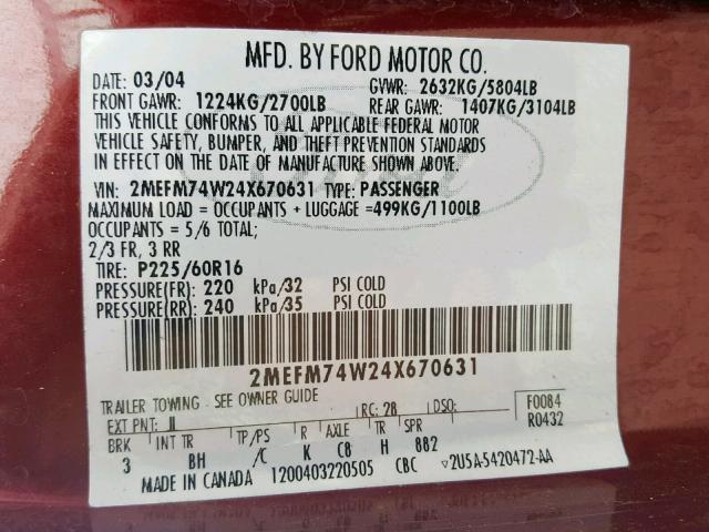 2MEFM74W24X670631 - 2004 MERCURY GRAND MARQ MAROON photo 10