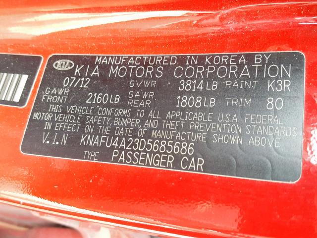 KNAFU4A23D5685686 - 2013 KIA FORTE EX RED photo 10