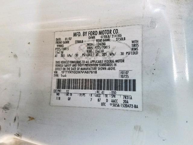 1FTYR10D97PA67618 - 2007 FORD RANGER WHITE photo 10