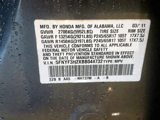 5FNYF3H2XBB044732 - 2011 HONDA PILOT LX GRAY photo 10