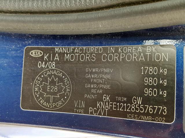 KNAFE121285576773 - 2008 KIA SPECTRA EX BLUE photo 10