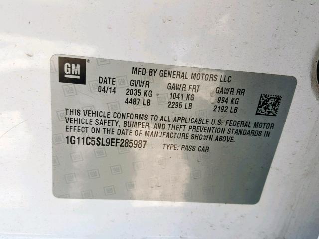 1G11C5SL9EF285987 - 2014 CHEVROLET MALIBU 1LT თეთრი ფოტო 10