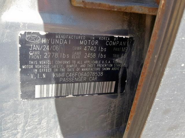 KMHFC46F06A078538 - 2006 HYUNDAI AZERA SE GRAY photo 10