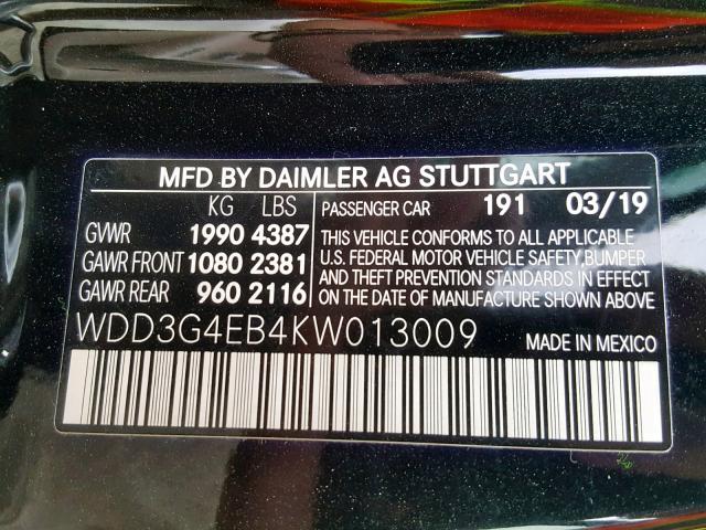 WDD3G4EB4KW013009 - 2019 MERCEDES-BENZ A 220 4MAT BLACK photo 10