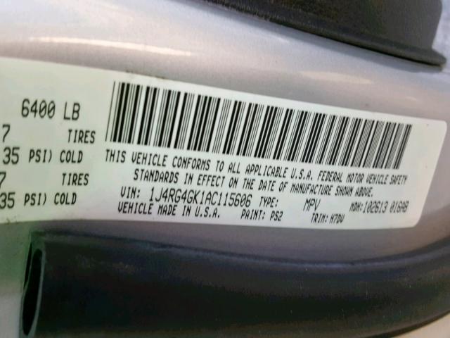 1J4RG4GK1AC115606 - 2010 JEEP COMMANDER SILVER photo 10