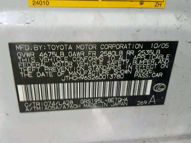 JTHCH96S260013780 - 2006 LEXUS GS 300 WHITE photo 10