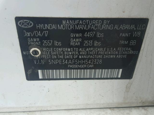 5NPE34AF5HH542328 - 2017 HYUNDAI SONATA SPO WHITE photo 10