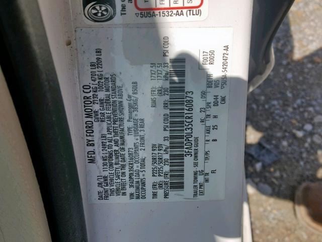 3FADP0L35CR160873 - 2012 FORD FUSION HYB WHITE photo 10