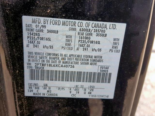 2FTRF18L6XCA40726 - 1999 FORD F150 BLACK photo 10