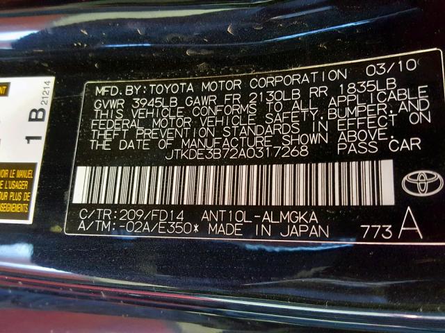 JTKDE3B72A0317268 - 2010 TOYOTA SCION TC BLACK photo 10