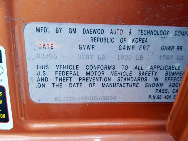 KL1TD66686B669590 - 2006 CHEVROLET AVEO BASE ნარინჯისფერი ფოტო 10