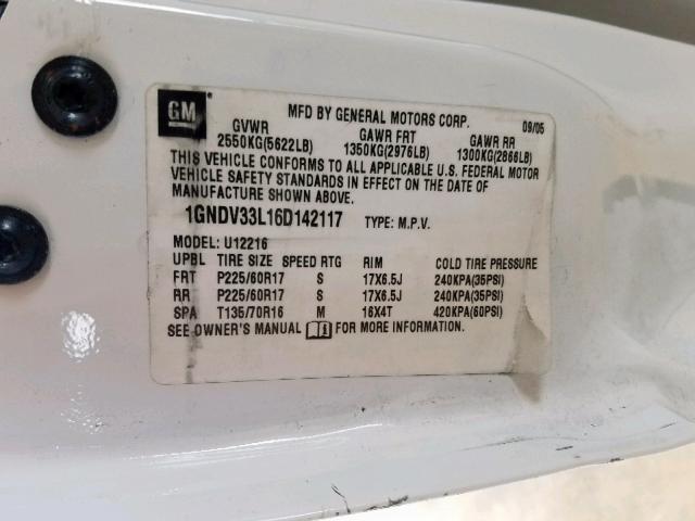 1GNDV33L16D142117 - 2006 CHEVROLET UPLANDER L 白色 照片 10