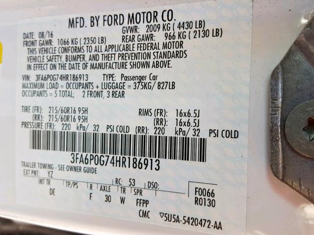 3FA6P0G74HR186913 - 2017 FORD FUSION S  photo 10