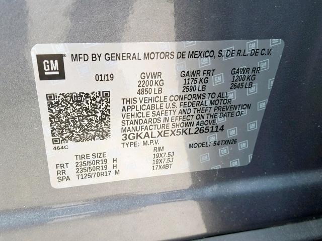 3GKALXEX5KL265114 - 2019 GMC TERRAIN DE GRAY photo 10