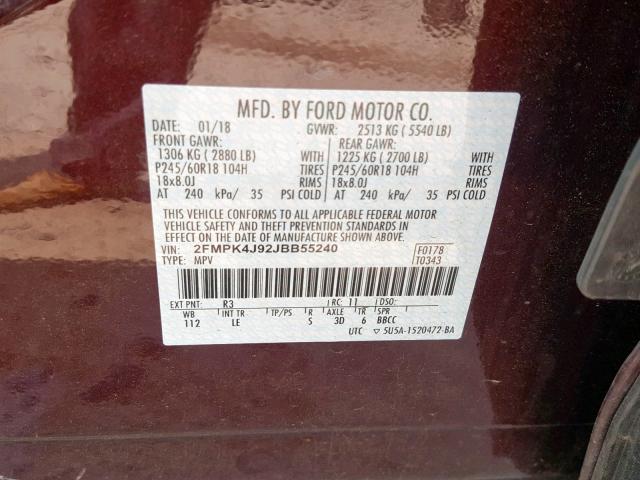 2FMPK4J92JBB55240 - 2018 FORD EDGE SEL RED photo 10