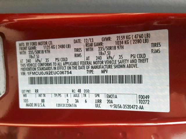 1FMCU0J92EUC06754 - 2014 FORD ESCAPE TIT RED photo 10