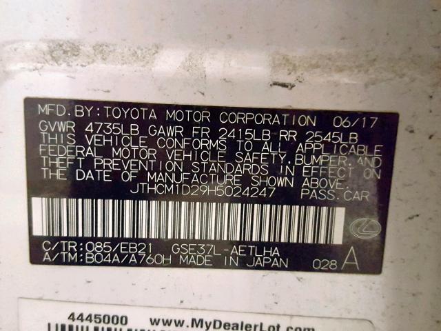 JTHCM1D29H5024247 - 2017 LEXUS IS 300 WHITE photo 10