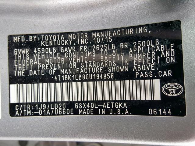 4T1BK1EB8GU194858 - 2016 TOYOTA AVALON XLE SILVER photo 10