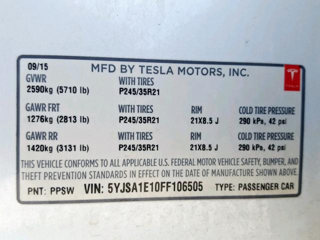 5YJSA1E10FF106505 - 2015 TESLA MODEL S أبيض صورة 10