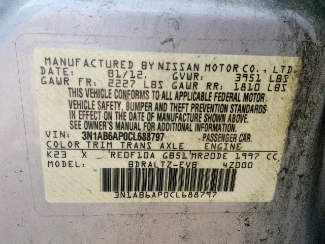 3N1AB6AP0CL688797 - 2012 NISSAN SENTRA 2.0 SILVER photo 10