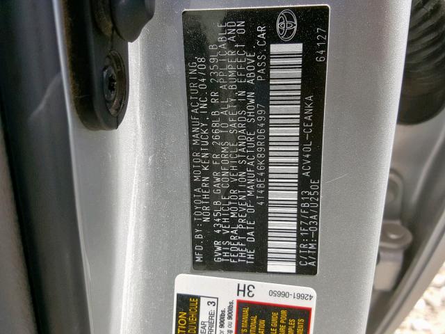 4T4BE46K89R064997 - 2009 TOYOTA CAMRY BASE ვერცხლისფერი ფოტო 10