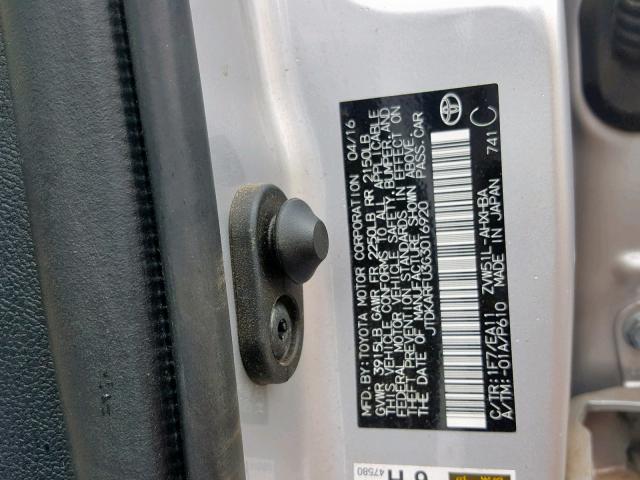 JTDKARFU3G3016920 - 2016 TOYOTA PRIUS SILVER photo 10