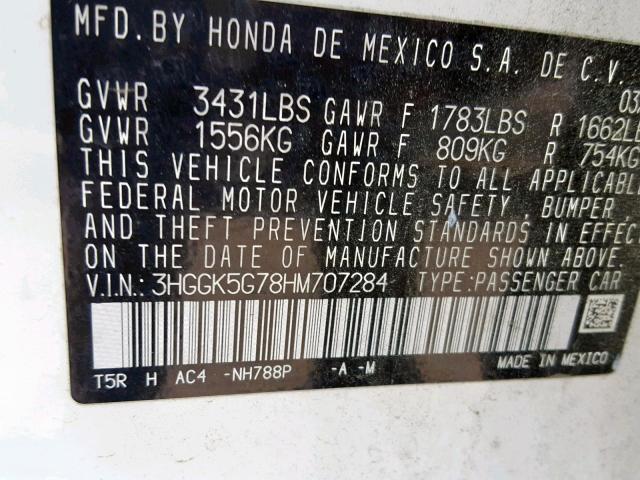 3HGGK5G78HM707284 - 2017 HONDA FIT EX WHITE photo 10