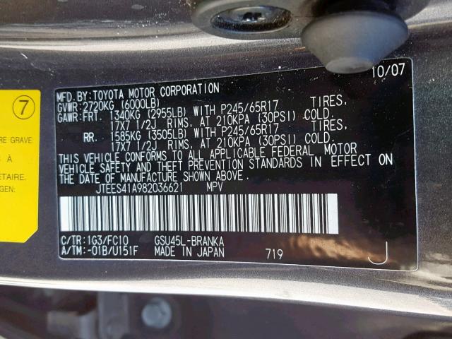 JTEES41A982036621 - 2008 TOYOTA HIGHLANDER GRAY photo 10