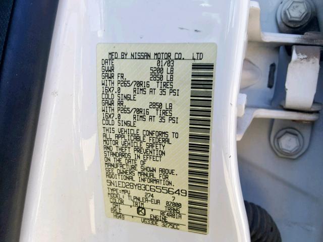 5N1ED28Y83C655649 - 2003 NISSAN XTERRA XE WHITE photo 10