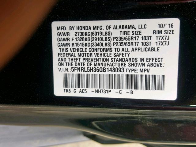 5FNRL5H36GB148093 - 2016 HONDA ODYSSEY SE BLACK photo 10