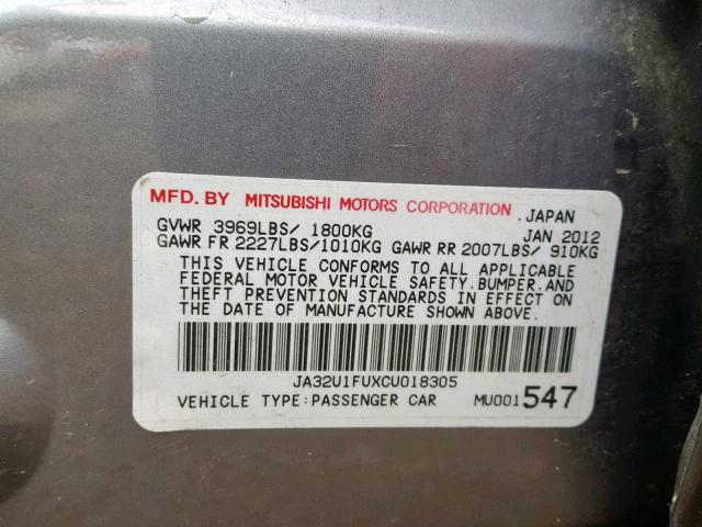 JA32U1FUXCU018305 - 2012 MITSUBISHI LANCER DE GOLD photo 10