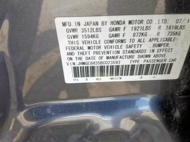 JHMGE8H35BC023593 - 2011 HONDA FIT GRAY photo 10