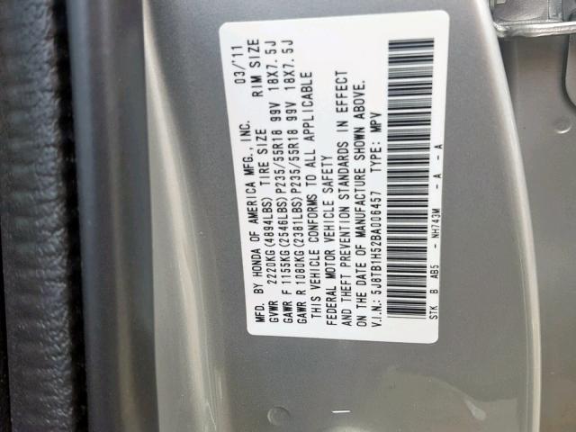 5J8TB1H52BA006457 - 2011 ACURA RDX TECHNO SILVER photo 10