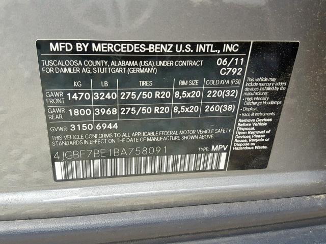 4JGBF7BE1BA758091 - 2011 MERCEDES-BENZ GL 450 4MA SILVER photo 10