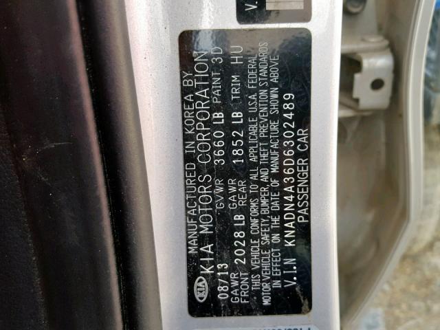 KNADN4A36D6302489 - 2013 KIA RIO EX SILVER photo 10