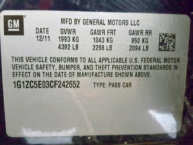 1G1ZC5E03CF242652 - 2012 CHEVROLET MALIBU 1LT BLUE photo 10