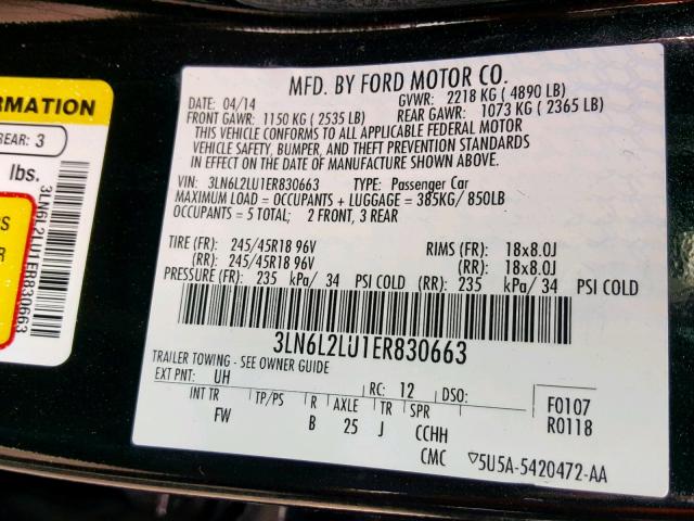 3LN6L2LU1ER830663 - 2014 LINCOLN MKZ HYBRID BLACK photo 10