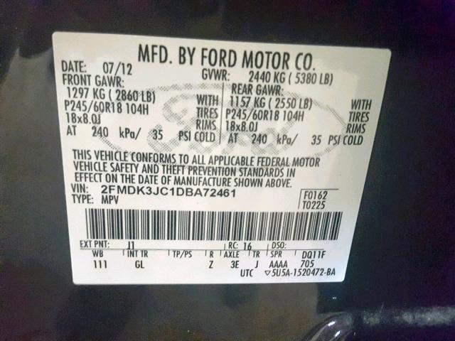 2FMDK3JC1DBA72461 - 2013 FORD EDGE SEL BLACK photo 10