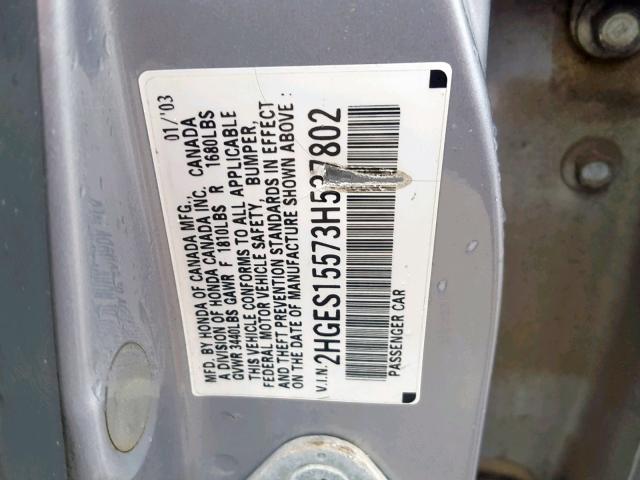 2HGES15573H537802 - 2003 HONDA CIVIC LX GRAY photo 10