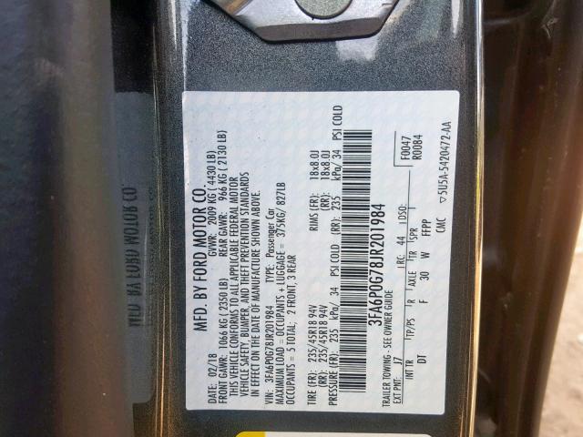 3FA6P0G78JR201984 - 2018 FORD FUSION S GRAY photo 10