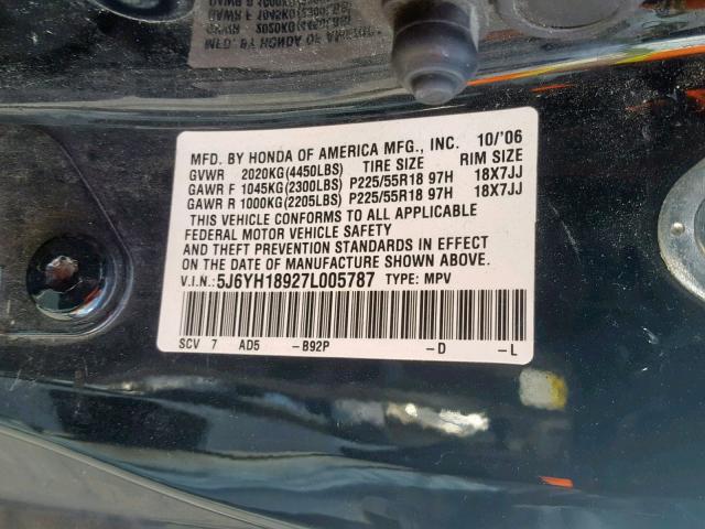 5J6YH18927L005787 - 2007 HONDA ELEMENT SC BLACK photo 10