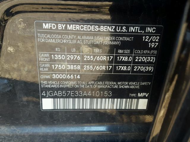 4JGAB57E33A410153 - 2003 MERCEDES-BENZ ML 350 BLACK photo 10